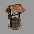 Traditional Well Structure With Wooden Roof Stone Base And Pulley Bucket