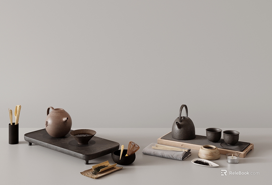 Minimalist Ceramic Tea Set With Teapot Teacups Tea Tray And Accessories 3d model 