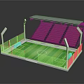 Modern Soccer Field with Green Artificial Turf Red Spectator Stands White Goalposts and Floodlights