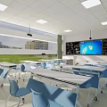School Modern Classroom Featuring Smart Blackboard Display Screen Blue Walls And Neat Desks Chairs