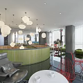 Elegant Modern Restaurant Interior With Open Layout Pendant Lights Sofa Seating And Bookshelf Decor