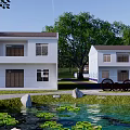 Two Story White House With Green Trees Lawn Pond And Water Lilies Stones