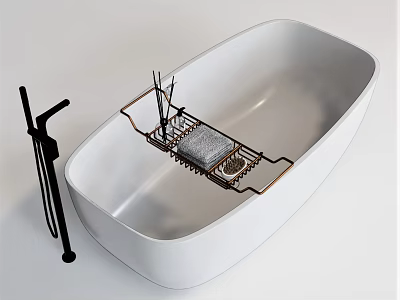 Modern White Bathtub With Black Faucet And Metal Rack Holding Gray Sponge 3d model