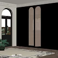 Modern Black Wardrobe With Rattan Doors In Room With Arched Windows And Rug