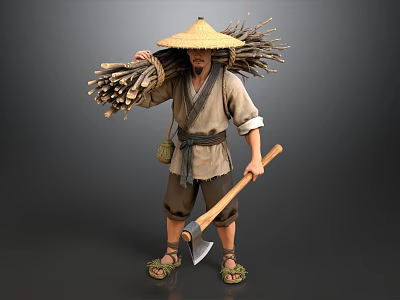 Man Wearing Straw Hat Carrying Firewood With Axe In Traditional Clothing 3d model