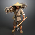Man Wearing Straw Hat Carrying Firewood With Axe In Traditional Clothing