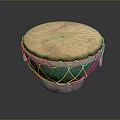 Traditional Hand Drum With Natural Drumhead And Decorative Green White Netting Red Base