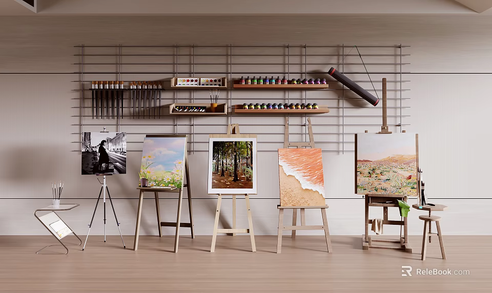 Art Supplies and Musical Instruments Display with Easels Paintings Brushes and Paints 3d model 