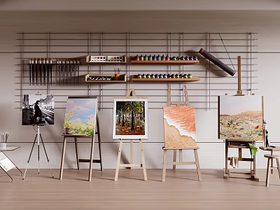 Art Supplies and Musical Instruments Display with Easels Paintings Brushes and Paints 3d model