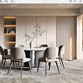 Modern Restaurant Interior With Round Dining Table Grey Chairs And Lit Display Shelves