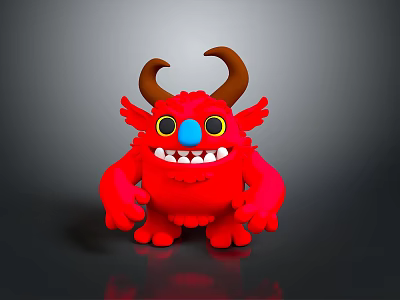 Red Monster Game and Movie Character with Brown Horns Big Eyes and Sharp Teeth 3d model