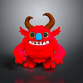 Red Monster Game and Movie Character with Brown Horns Big Eyes and Sharp Teeth