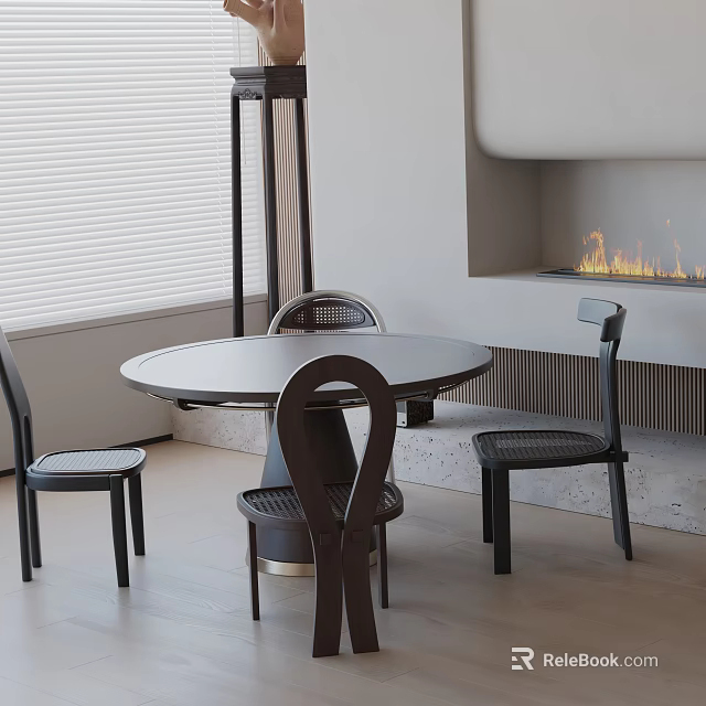 Modern Dining Table Set With Round Table And Wicker Back Chairs Near Fireplace 3d model