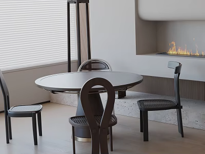 Modern Dining Table Set With Round Table And Wicker Back Chairs Near Fireplace 3d model