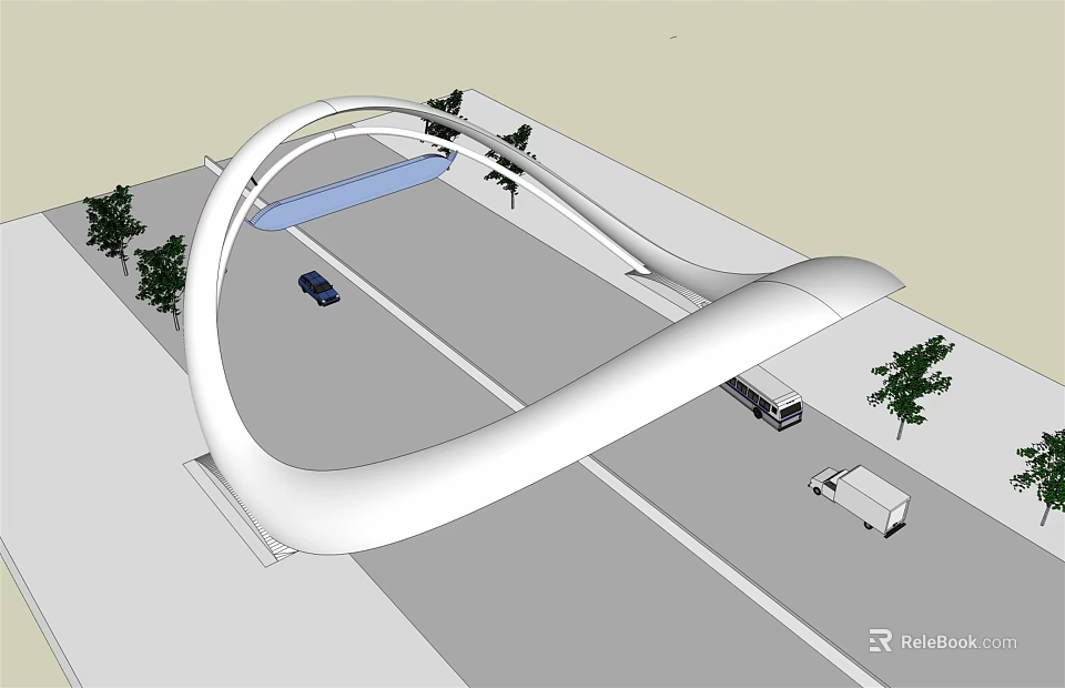 Modern Urban Gate Arch Structure Over Road With Vehicles And Trees 3d model 