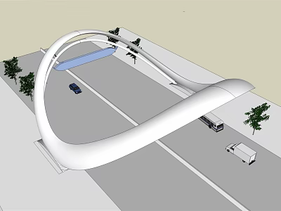 Modern Urban Gate Arch Structure Over Road With Vehicles And Trees 3d model