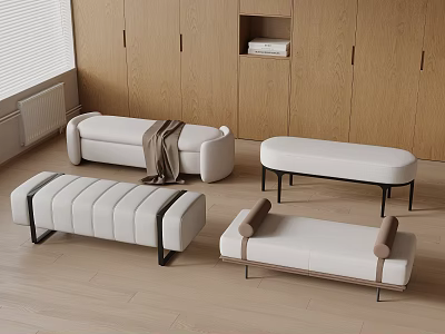 Modern Light Colored Sofa Stools With Metal Legs And Wooden Cabinet Background 3d model