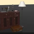Vintage Wooden Cabinet With Sewing Machine Glass Cloche Red Book Suitcases And Floor Lamp