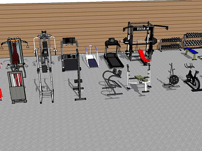 Essential Sports Equipment for Gym Training Including Treadmills Dumbbells and Exercise Bikes 3d model