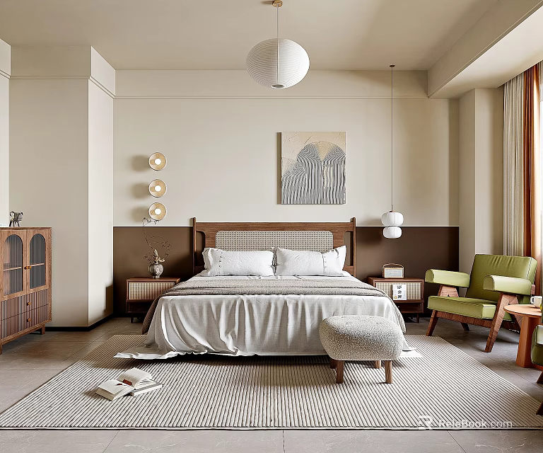 Hotel Guest Room Interior With Wooden Bed White Bedding Green Chair Decorative Painting And Pendant Lights 3d model 