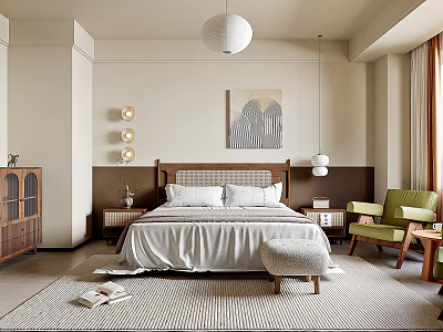 Hotel Guest Room Interior With Wooden Bed White Bedding Green Chair Decorative Painting And Pendant Lights 3d model