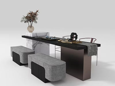 Modern Tea Table Set With Marble Top Gray Benches And Flower Vase 3d model