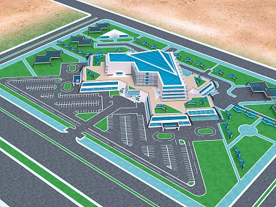 Aerial View of Multi Storey Hospital Building Featuring Blue Roof Parking Lots and Green Spaces 3d model