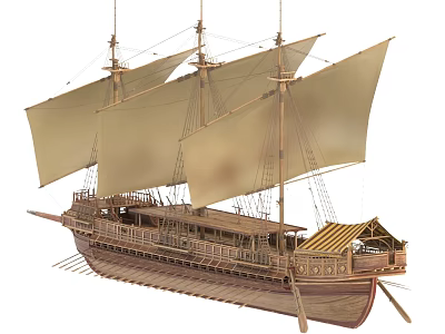 Vintage Wooden Sailing Ship With Multiple Masts Canvas Sails And Intricate Carvings 3d model