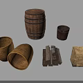 Rustic Stone And Wood Barrels Tubs Logs And Crate Display Set 3d model