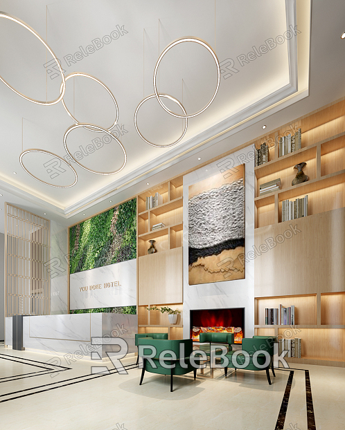 Modern Hall Hotel Lobby Hall Reception Bookshelf Green Planting model