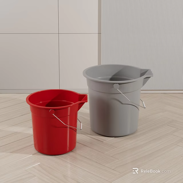 Red And Gray Buckets In Indoor Space With Wooden Floor 3d model 