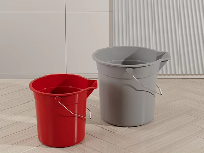 Red And Gray Buckets In Indoor Space With Wooden Floor 3d model