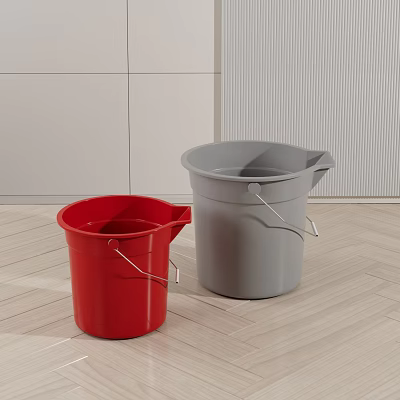Red And Gray Buckets In Indoor Space With Wooden Floor 3d model Red And Gray Buckets In Indoor Space With Wooden Floor 3d model
