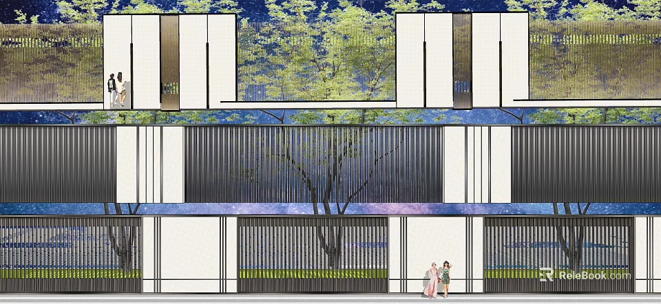 Modern Feature Wall Design With Vertical Slats Greenery And People Walking 3d model 