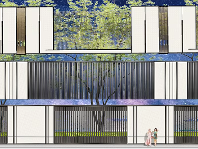 Modern Feature Wall Design With Vertical Slats Greenery And People Walking 3d model
