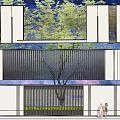 Modern Feature Wall Design With Vertical Slats Greenery And People Walking 3d model