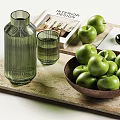 Decorative Ornament Set With Green Glass Vases Cups Wooden Bowl And Fresh Green Apples