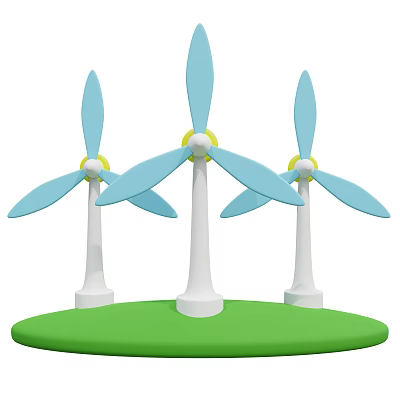 Smart Wind Turbines With Three Units Blue Blades White Pillars Green Base Platform 3d model