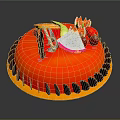 Red Cake Decorated With Fresh Fruits Chocolate Slices And Golden Base