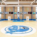 Basketball Gym Featuring Wooden Floor Players Playing Basketball Scoreboard Advertising Boards And Ceiling Design