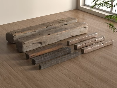 Natural Stone Wood Planks In Various Colors And Shapes On Wooden Floor With Potted Plant 3d model