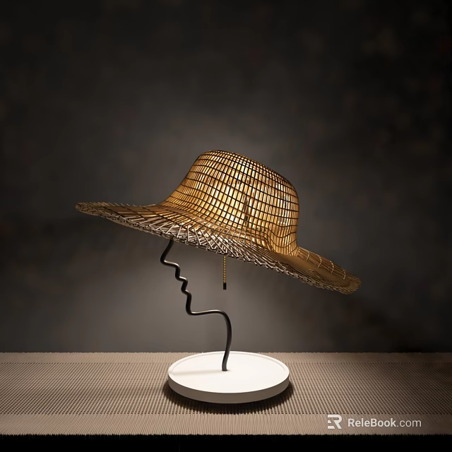 Straw Hat Shaped Table Lamp With Black Stand And White Round Base On Dark Background 3d model