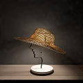 Straw Hat Shaped Table Lamp With Black Stand And White Round Base On Dark Background 3d model