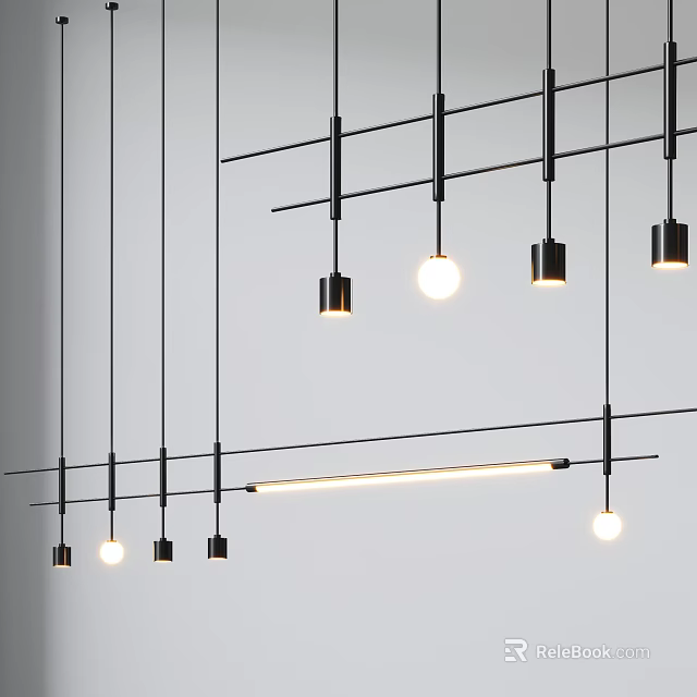 Modern Linear Pendant Lights With Black Metal Frames And Multiple Bulbs For Interior Design 3d model