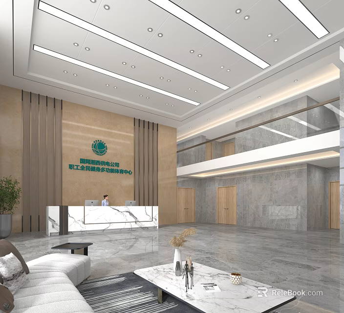 Modern Front Desk Reception Area With Marble Backdrop Green Plant And Sofa 3d model
