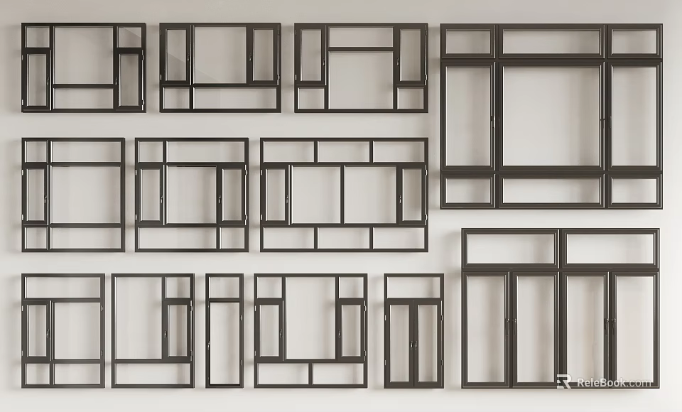 Casement Windows Various Design Frame Assortment with Black Metal Frames for Modern Home 3d model 