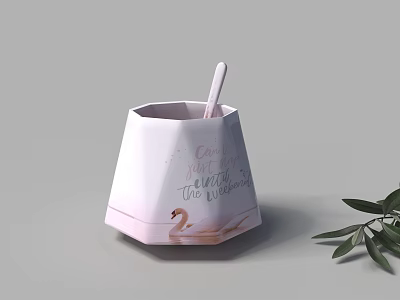 Stylish Dinnerware Set with Pink Hexagonal Container White Spoon Swan Design and Green Leaves 3d model