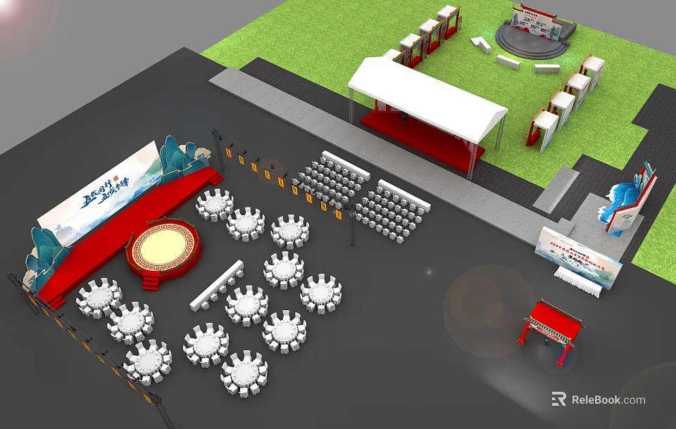 White Canopy Stage Setup On Green Lawn With Round Tables Red Decorations And Seating 3d model