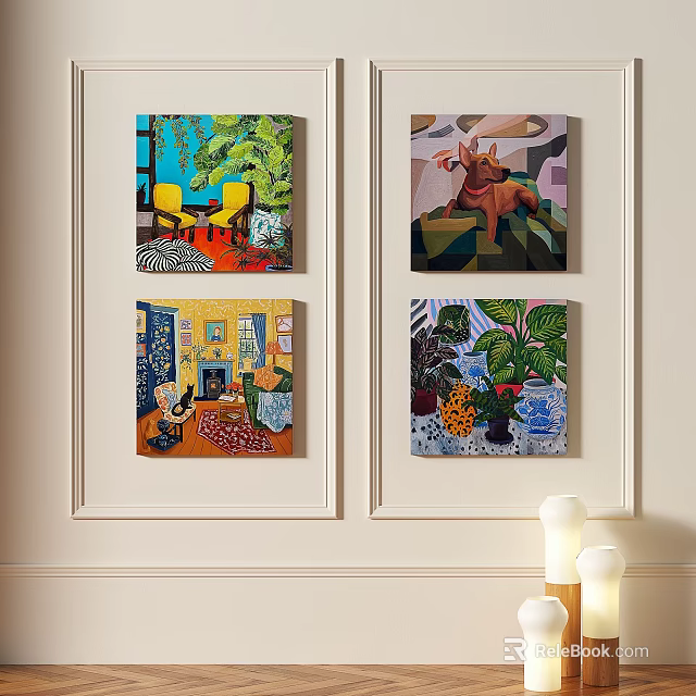 Four Vibrant Abstract Paintings As Colorful Wall Art For Modern Home Decor 3d model 