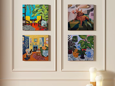 Four Vibrant Abstract Paintings As Colorful Wall Art For Modern Home Decor 3d model